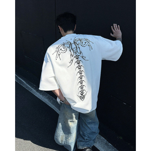 夏季小衆印花廓形設計感墊肩短袖男T恤高級感重工釘珠寬松半袖潮