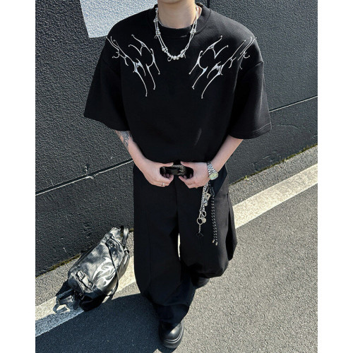 夏季小衆印花廓形設計感墊肩短袖男T恤高級感重工釘珠寬松半袖潮