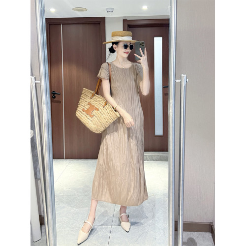 韓女士夏季新款短袖設計感不對稱亂褶皺連衣裙氣質顯瘦長裙子
