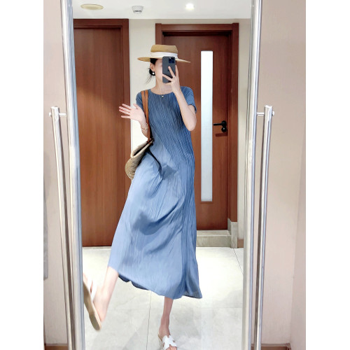 韓女士夏季新款短袖設計感不對稱亂褶皺連衣裙氣質顯瘦長裙子
