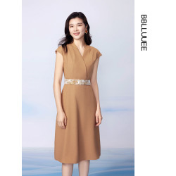 BBLLUUEE/粉藍衣櫥2025夏裝新款氣質通勤交曡v領蓋袖印花連衣裙女
