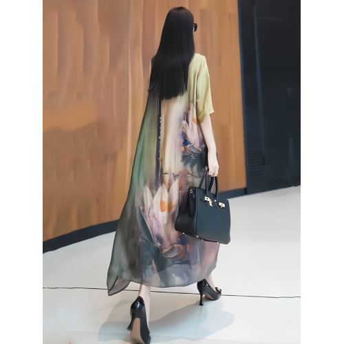 大牌復古真絲印花連衣裙女2025年夏季新款高級感寬松顯瘦氣質長裙