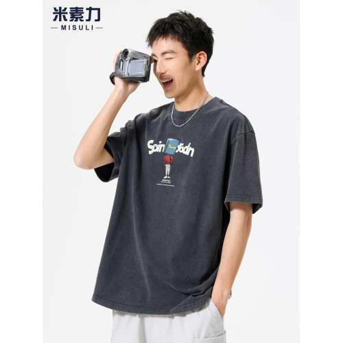 重磅水洗短袖男t恤2025新款學院風夏季寬松印花體恤上衣時尚半袖