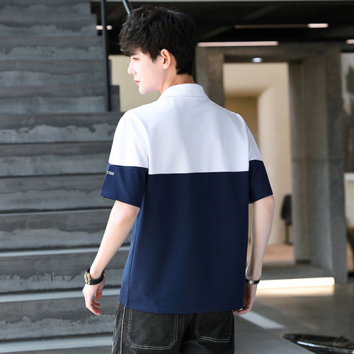 學院風撞色翻領短袖polo衫男t恤2024夏季新款帶領青少年體恤班服
