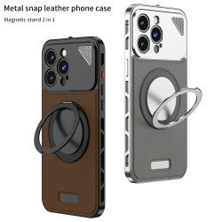 適用iPhone16promax皮革手機殼蘋果iPhone12promax金屬邊框蘋果13