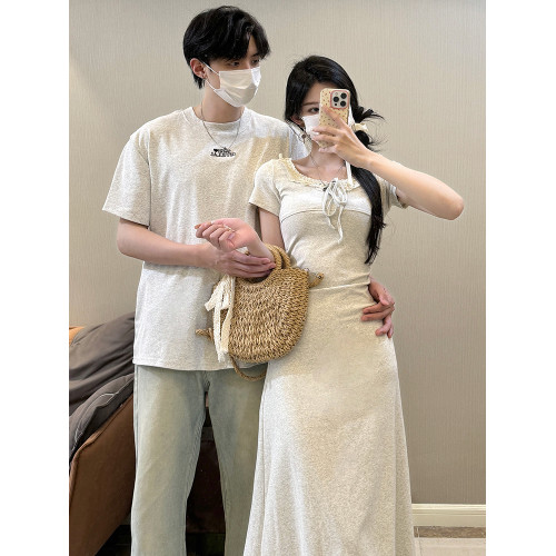同色系情侶裝夏裝一衣一裙高級感燕麥灰女長裙男T恤2024新款夏季