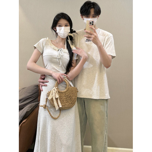同色系情侶裝夏裝一衣一裙高級感燕麥灰女長裙男T恤2024新款夏季