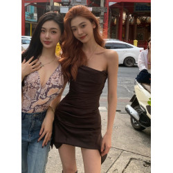 易夢玲同款連衣裙女裹胸魚骨抹胸純欲一字肩禮服辣妹性感A字短裙