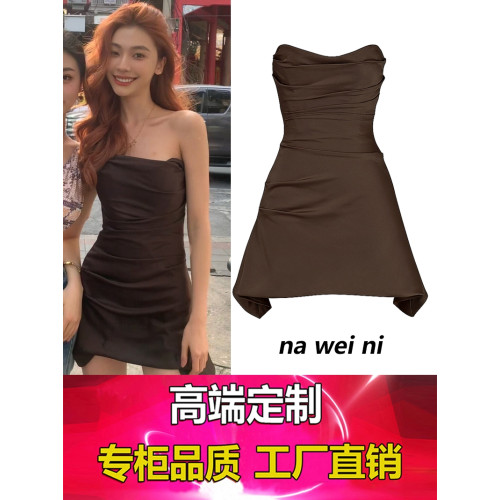 易夢玲同款連衣裙女裹胸魚骨抹胸純欲一字肩禮服辣妹性感A字短裙