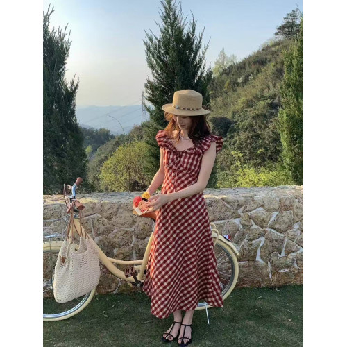 法式無袖紅格子連衣裙女夏新款獨特漂亮系腰帶裙子氣質長裙吊帶