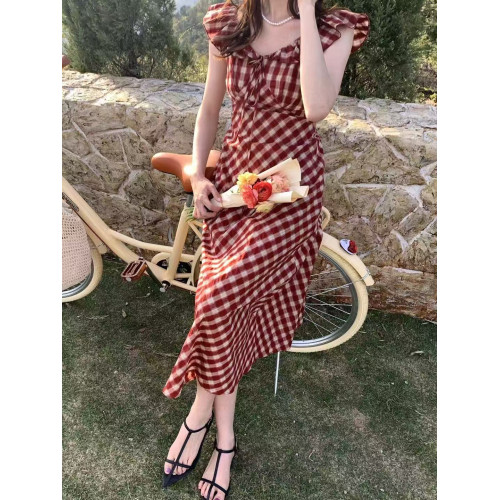 法式無袖紅格子連衣裙女夏新款獨特漂亮系腰帶裙子氣質長裙吊帶