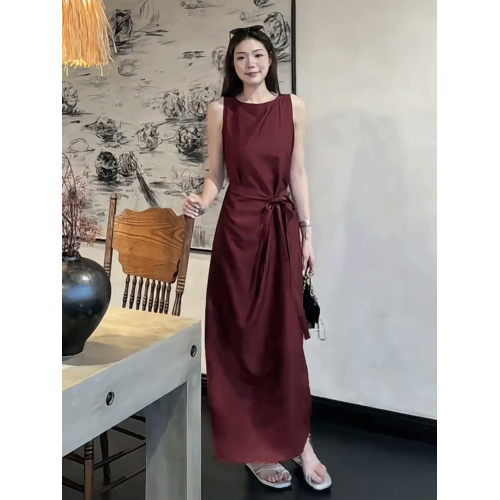 法式復古紅色無袖背心連衣裙女2025夏季新款顯瘦系帶收腰過膝長裙