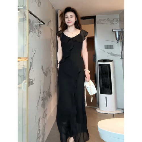 法式純欲風性感荷葉邊無袖連衣裙女2025夏季新款修身顯瘦包臀長裙