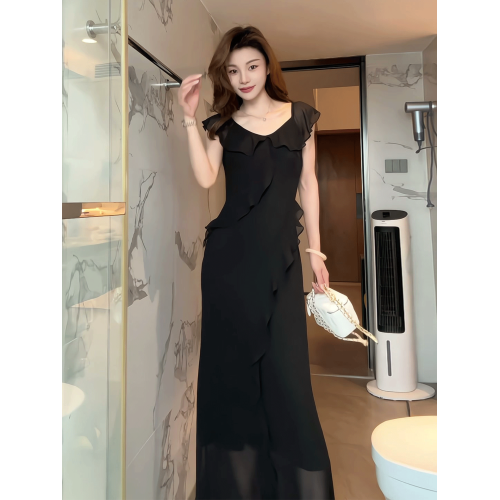 法式純欲風性感荷葉邊無袖連衣裙女2025夏季新款修身顯瘦包臀長裙