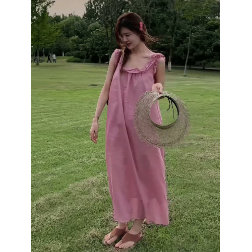法式度假風無袖吊帶連衣裙女2025年夏季新款獨特漂亮寬松露背長裙