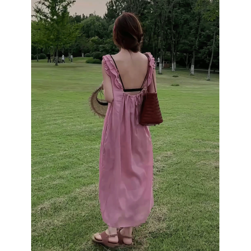 法式度假風無袖吊帶連衣裙女2025年夏季新款獨特漂亮寬松露背長裙