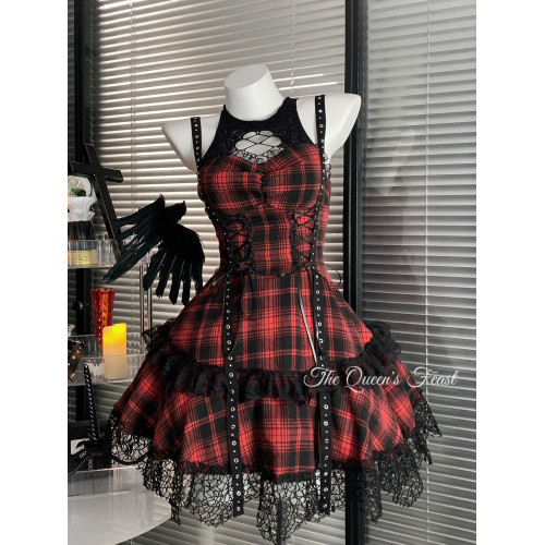 搖滾辣妹｜亞文化暗黑蕾絲吊帶連衣裙哥特龐克風紅黑裙子辣妹穿搭
