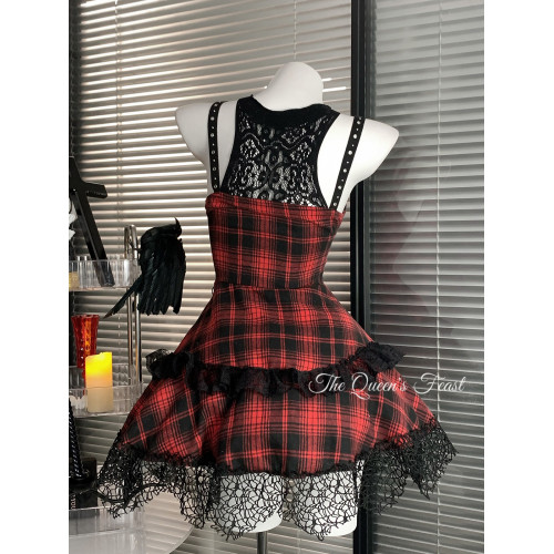 搖滾辣妹｜亞文化暗黑蕾絲吊帶連衣裙哥特龐克風紅黑裙子辣妹穿搭