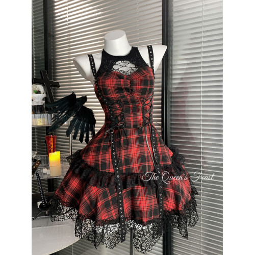 搖滾辣妹｜亞文化暗黑蕾絲吊帶連衣裙哥特龐克風紅黑裙子辣妹穿搭