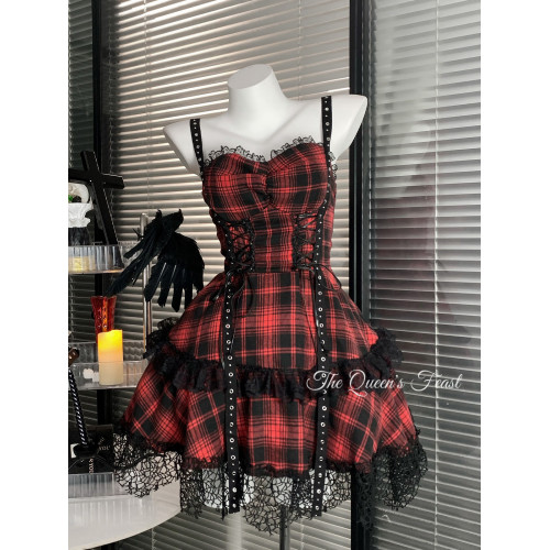 搖滾辣妹｜亞文化暗黑蕾絲吊帶連衣裙哥特龐克風紅黑裙子辣妹穿搭