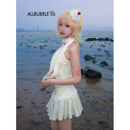 Allbubble原創 夏日之星| 清爽黃綠撞色不規則星星針織掛脖連衣裙