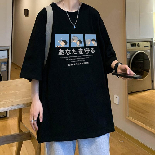 夏衣季薄款男t恤潮士牌松動漫宗介印花上圓領休閒短袖衣304-T333