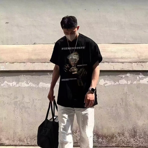 潮牌美式大碼短袖男t恤夏季復古街頭人物印花重磅純棉半袖上衣