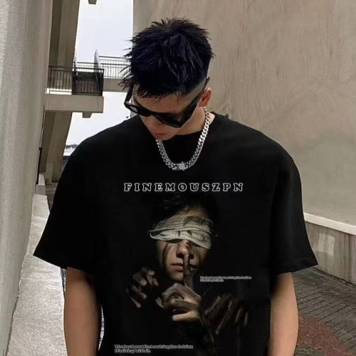 潮牌美式大碼短袖男t恤夏季復古街頭人物印花重磅純棉半袖上衣