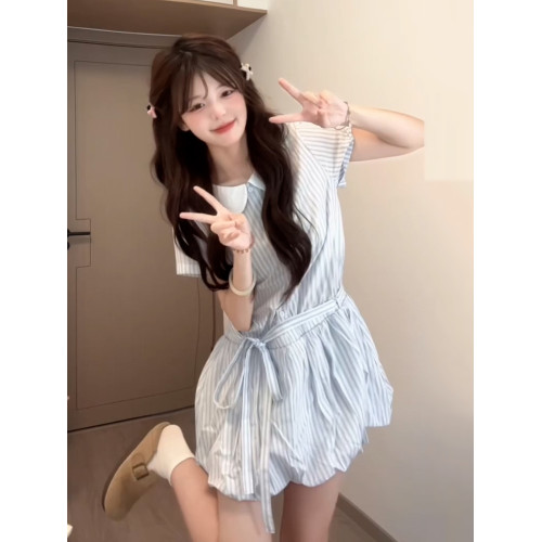 2026新款法式娃娃領藍色連衣裙子女夏季爆款獨特漂亮絕美溫柔長裙