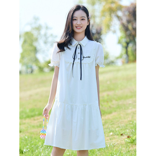 少女連衣裙2025夏季新款娃娃領百褶裙中學生日系中長款學院風裙子