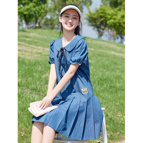 少女連衣裙2025夏季新款娃娃領百褶裙中學生日系中長款學院風裙子
