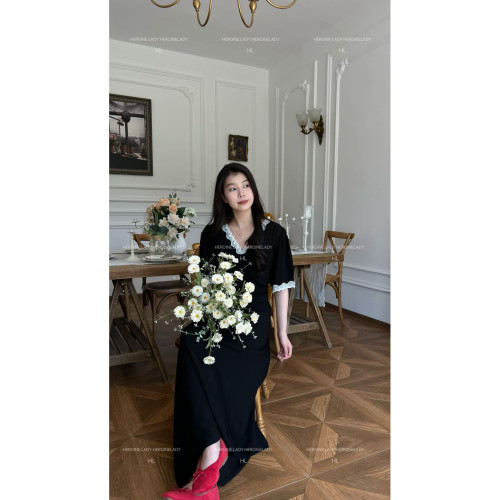 【夏日泰蘭德】HL棉綢夏季韓版氣質蕾絲顯瘦女神短袖長款連衣裙