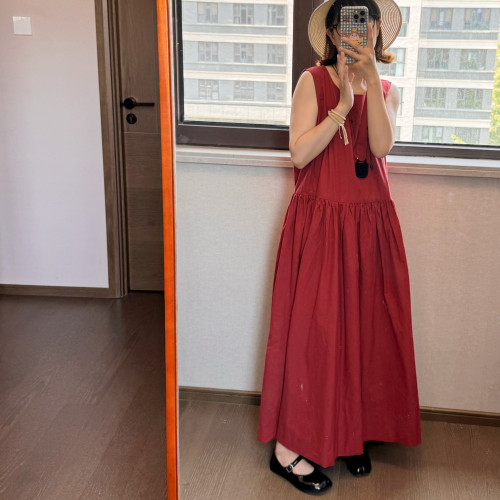力力愛吃土豆藍色圓領無袖連衣裙寬松a字大擺褶皺拼接背心裙