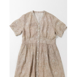 42支純苧麻印花短袖連衣裙 夏季薄款V領開衫褶皺收腰大擺裙5331