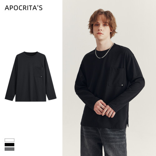 apo男裝| 新款長袖男t恤秋季高級感潮牌純色寬松圓領內搭上衣