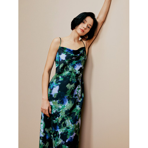 朗姿法式吊帶蕩領設計感印花長裙夏季新款女2024氣質高級感連衣裙