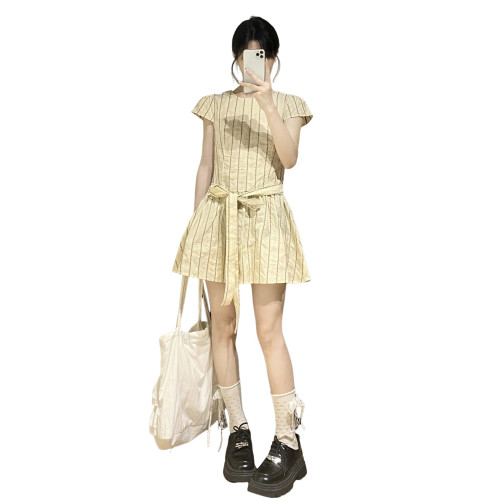 法式小個子條紋短袖連衣裙子女夏季2025新款氣質巨好看收腰短裙