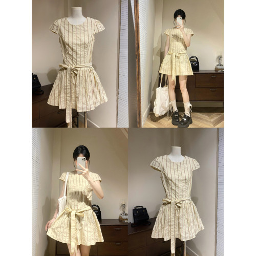 法式小個子條紋短袖連衣裙子女夏季2025新款氣質巨好看收腰短裙