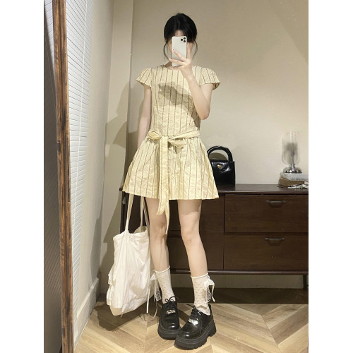 法式小個子條紋短袖連衣裙子女夏季2025新款氣質巨好看收腰短裙