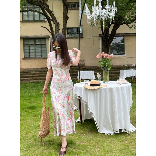 畫裙雙鳳鬱金香 真絲彈力雙喬緞圓領短袖斜裁花色長款女連衣裙