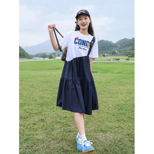 初中生連衣裙少女孩新款2025夏季高中生中長裙子大童短袖學生時尚