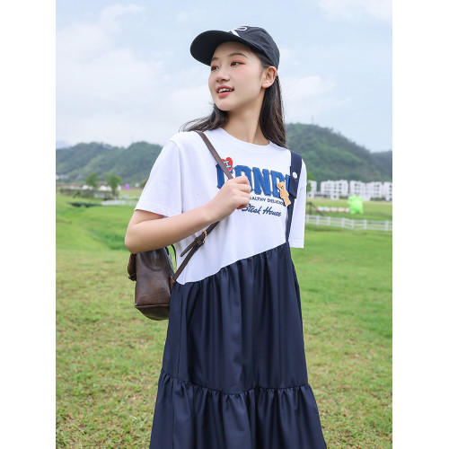 初中生連衣裙少女孩新款2025夏季高中生中長裙子大童短袖學生時尚