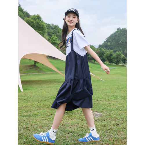 初中生連衣裙少女孩新款2025夏季高中生中長裙子大童短袖學生時尚