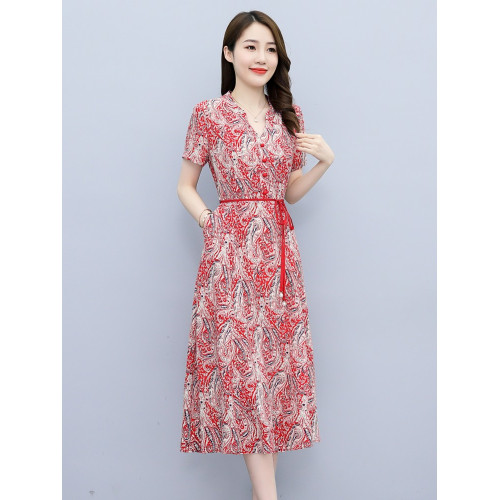 MJAE高級法式天絲連衣裙女2025年夏季新款氣質遮肚雪紡碎花中長裙