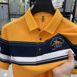 男士色織條長絨棉短袖2025新款夏裝半袖男T恤中青年爸爸裝POLO衫