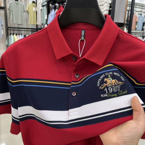 男士色織條長絨棉短袖2025新款夏裝半袖男T恤中青年爸爸裝POLO衫