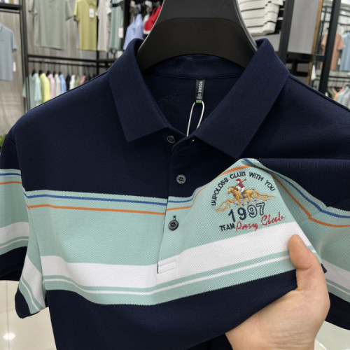 男士色織條長絨棉短袖2025新款夏裝半袖男T恤中青年爸爸裝POLO衫