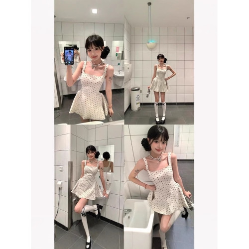 日本無印法式短裙印花收腰顯瘦少女感小個子吊帶連衣裙夏季a字裙