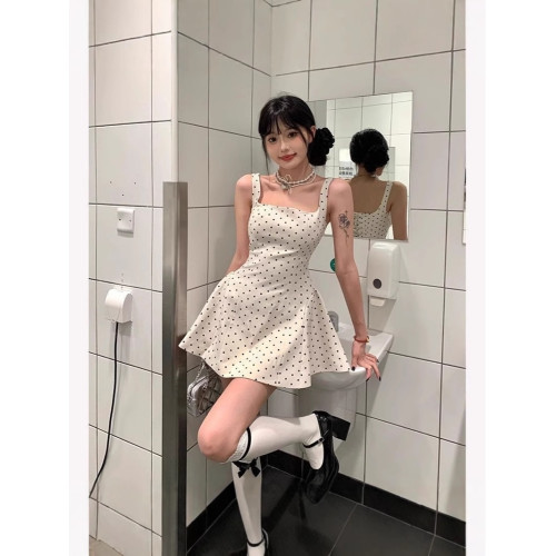 日本無印法式短裙印花收腰顯瘦少女感小個子吊帶連衣裙夏季a字裙