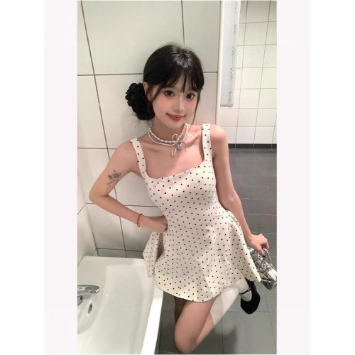 日本無印法式短裙印花收腰顯瘦少女感小個子吊帶連衣裙夏季a字裙